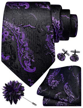 3009 Black Lavender Tie Set Silk Paisley Purple Necktie Pocket Square